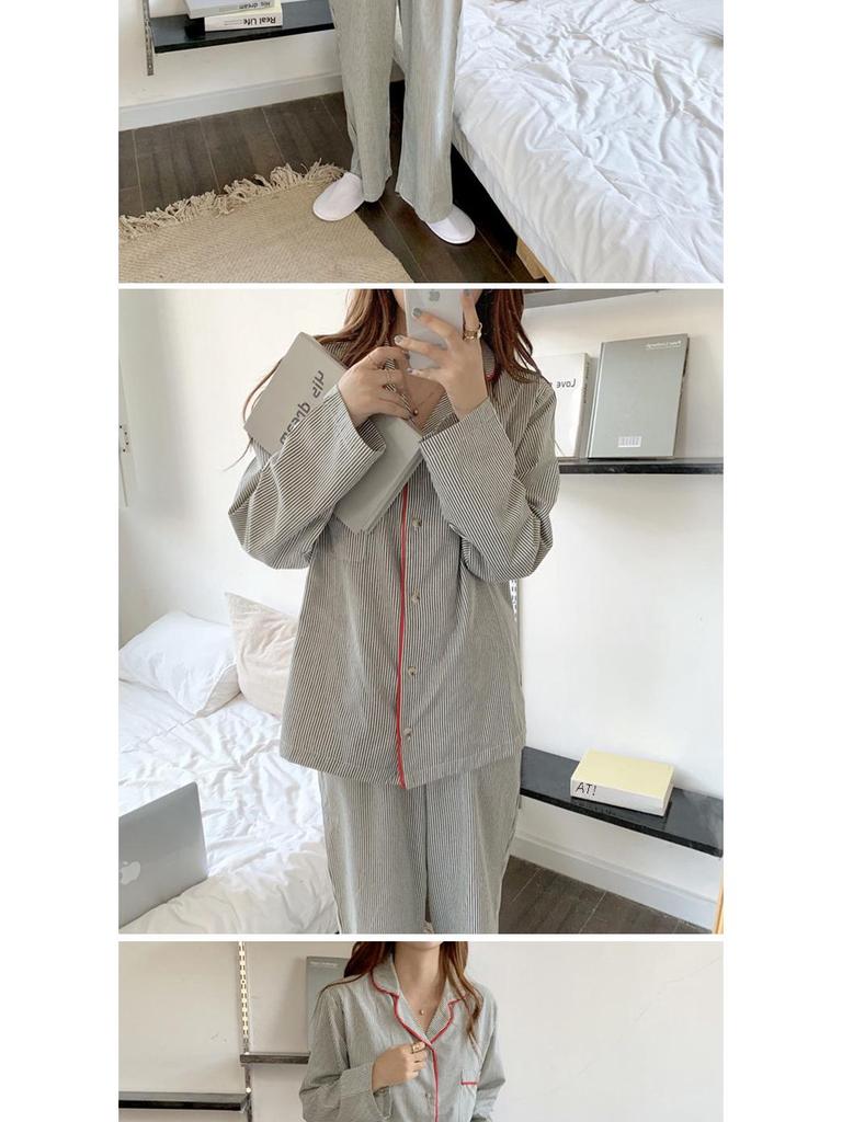 Women's Striped Long-Sleeve Cardigan Pajama Set - Korean Style