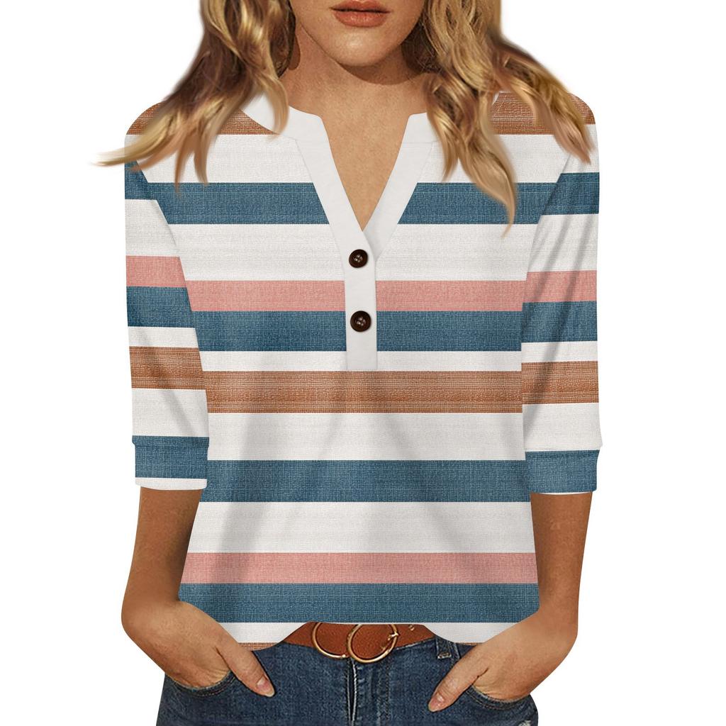 Women's T Shirt Print Button 3/4 Sleeve Daily Weekend Fashion Basic V- Neck Regular Top