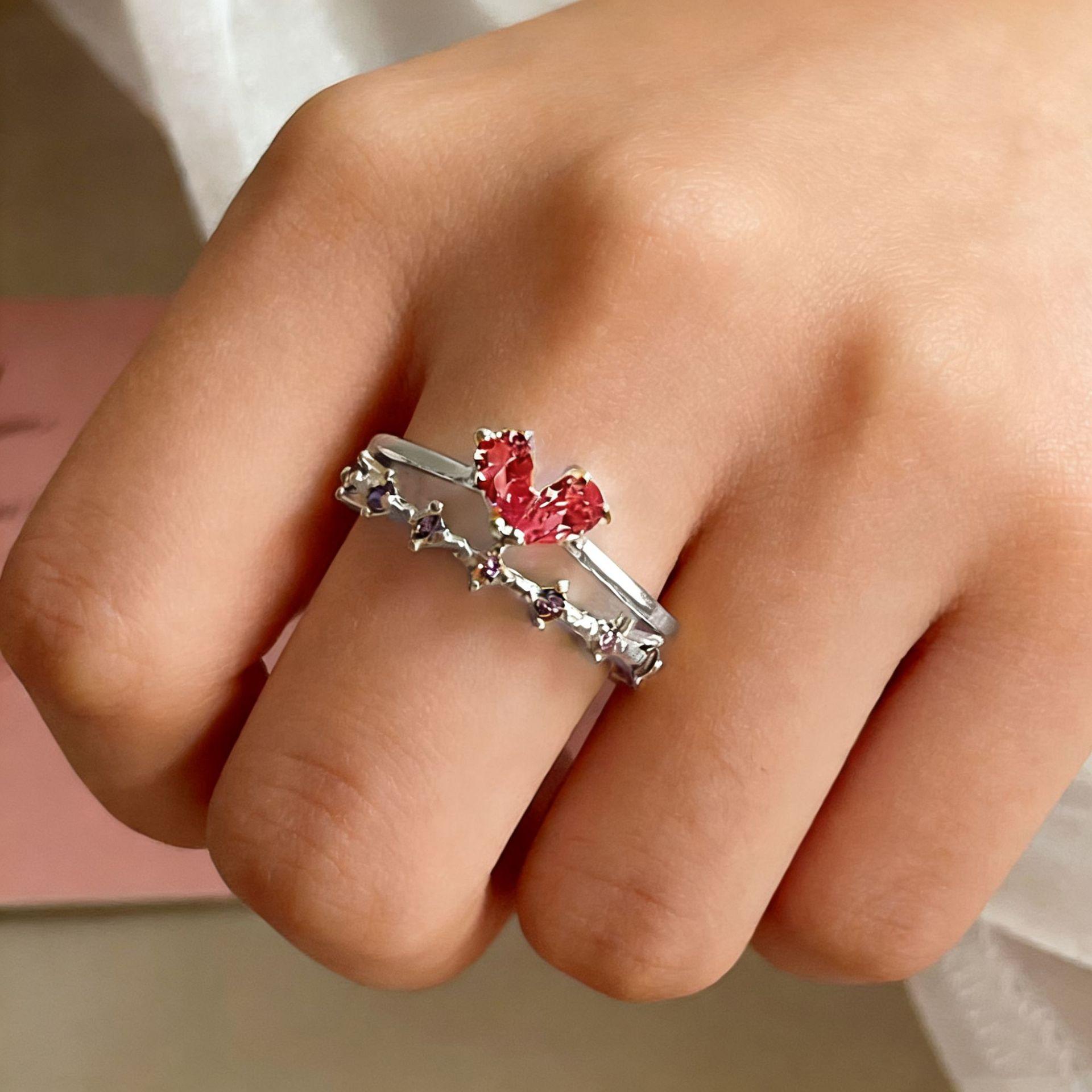 

Sweet Pink Diamond Double-Layer Temperament Love Butterfly Light Luxury Ring Female Cold Wind Niche Design Open Ring