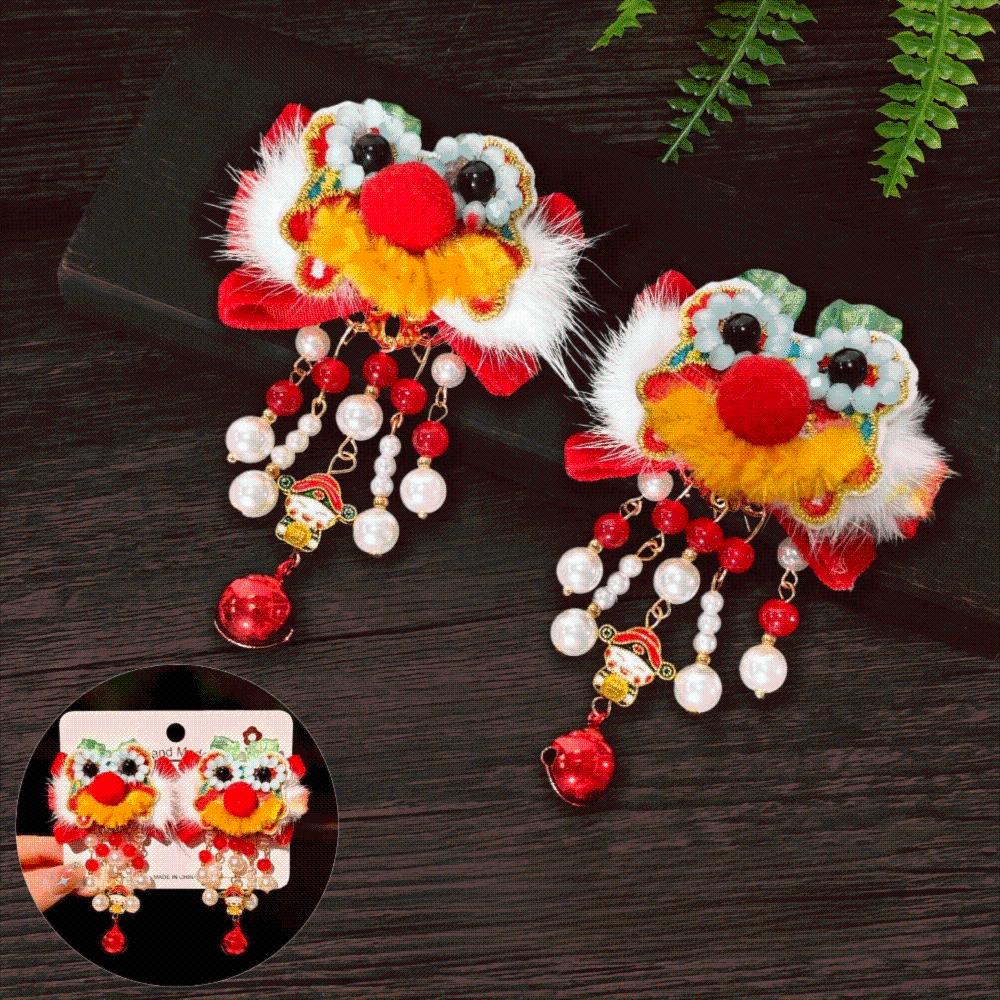1 Pair Pearl New Year Headwear Chinese Style Bow Tassel Hairpin Hanfu Red Hair Clips New Year Gifts