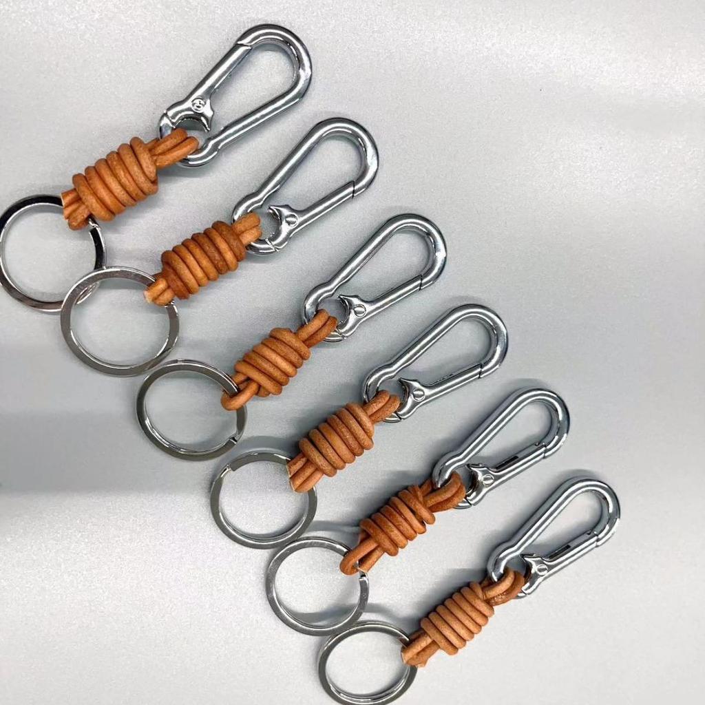 Retro Alloy Cowhide Keychain with Hand-Woven Belt - Men's Business Gift Key Ring for Car and Mountaineering Enthusiasts
