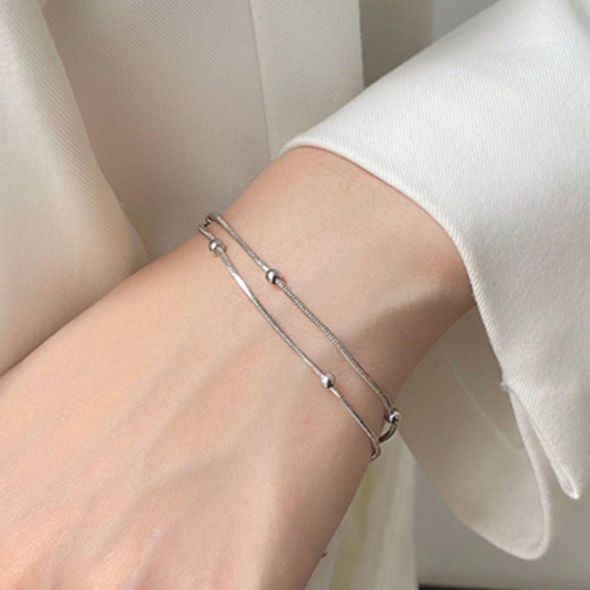 

Двухслойный браслет из нержавеющей стали, цепочка «змейка», с круглыми бусинами - Минималистичный корейский стиль для женщин