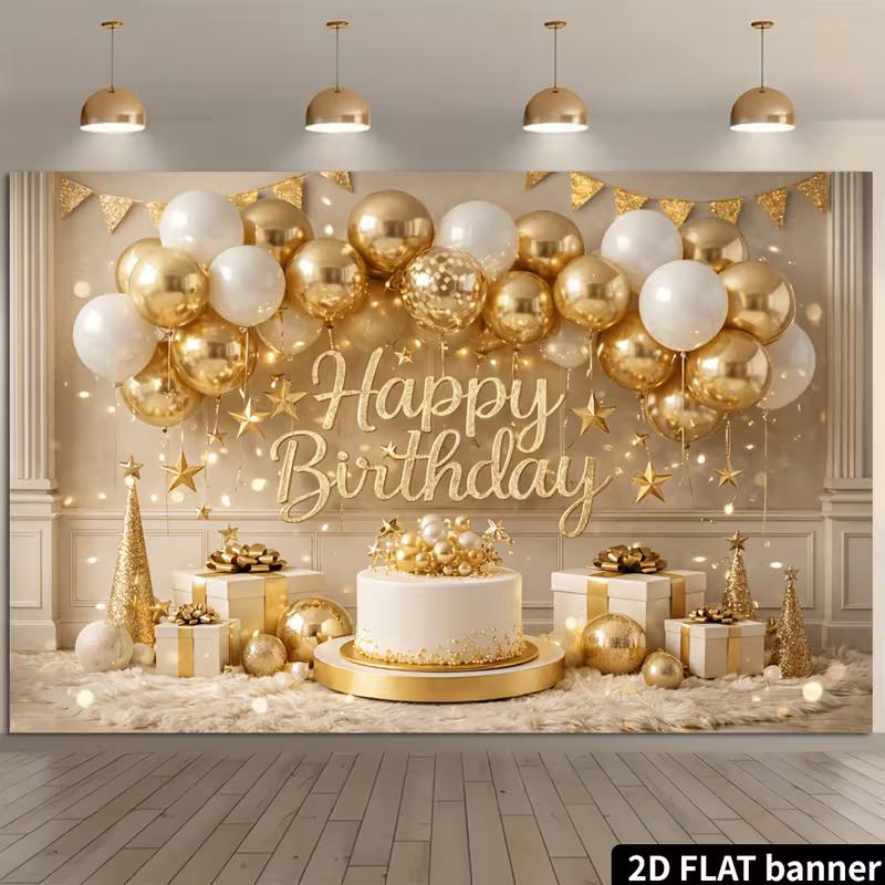2D Luxury Gold White Balloon Birthday Backdrop with Warm Lights