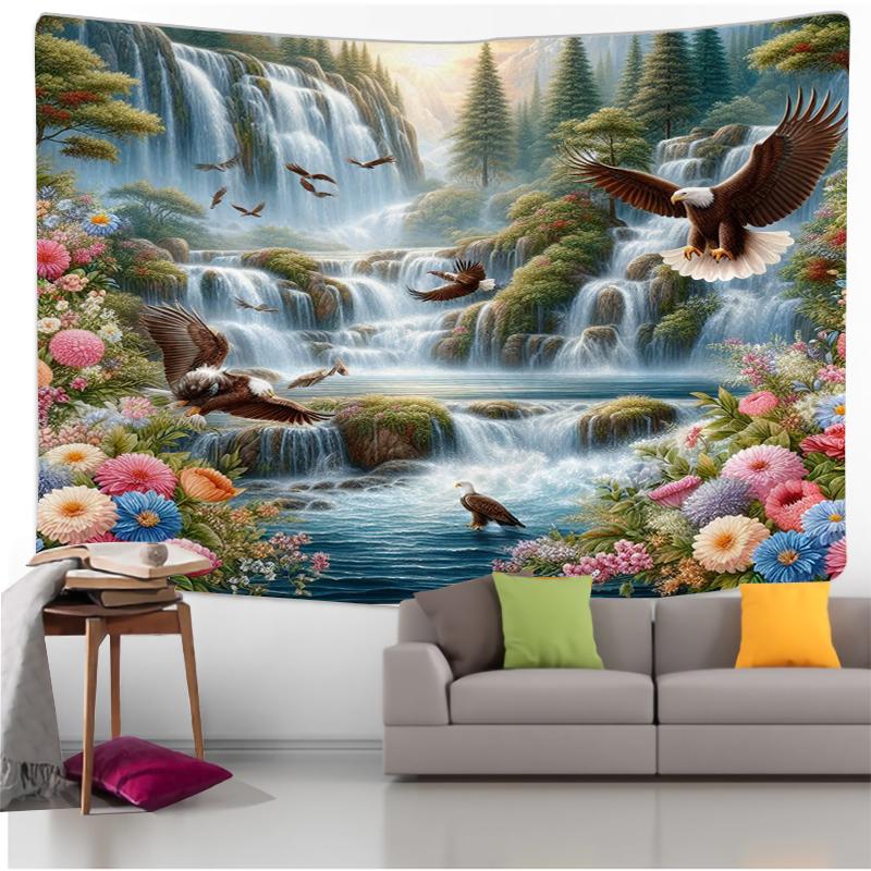 Nature Landscape Wall Tapestry Waterfall And Deer Art Sunny Forest Design Boho Decor For Living Room And Bedroom