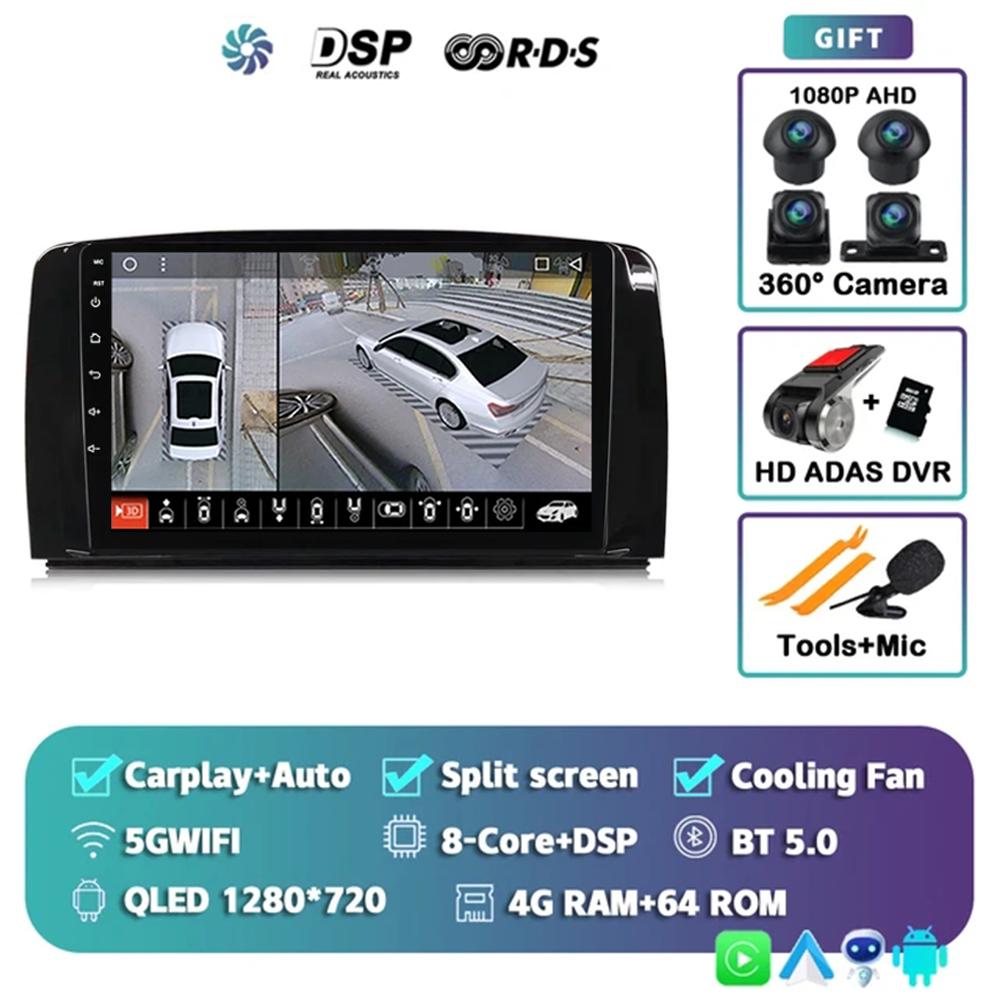 Android 14 QLED Car Radio Carplay Multimedia GPS Player BT For Mercedes Benz R Class R300 R350 R280 R320 R500 W251 2007 - 2011