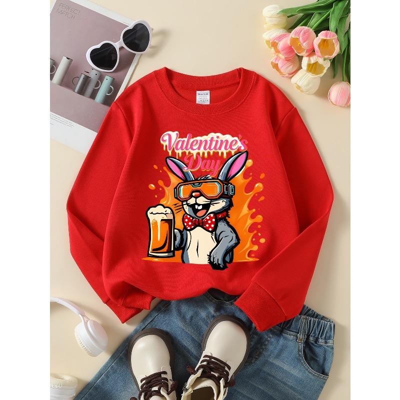 Valentine Day Bunny Beer Fun 2026 New Girls' Long-sleeve Casual Crewneck Sweatshirt, Suitable for Outdoor Sports and