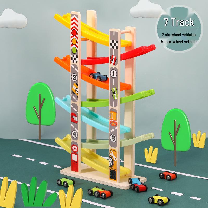 Children's Wooden Multi-Layer Racing Track Toy with Inertial Glider Cars