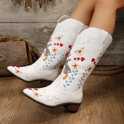 Western Embroidery Mid-Calf Boots Women Winter Pointed Toe Square Heels Cowboy Boots Woman High Heel Pu Leather Botas De Mujer