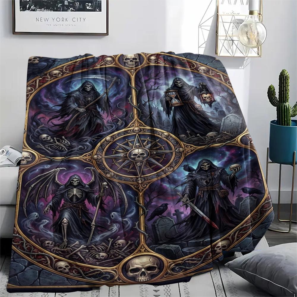 1Pc Death Print Flannel Blanket, High quality Comfortable for All Seasons, Home Decor, Warmth and Comfort, Perfect for Christmas Gifts W155