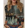 Retro Oil Painting Style Winter Night Print Top, Literary Round Neck Long-sleeved T-shirt