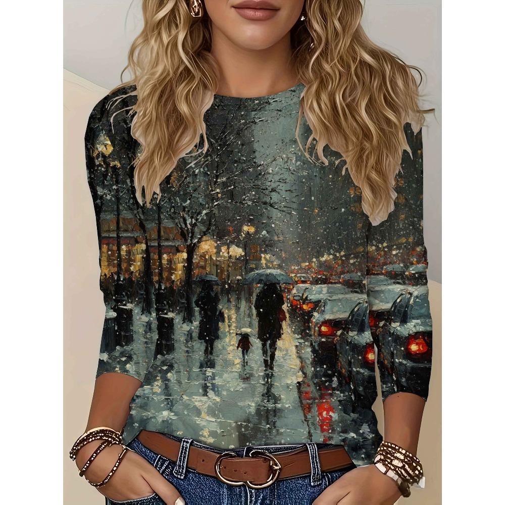 Retro Oil Painting Style Winter Night Print Top, Literary Round Neck Long-sleeved T-shirt