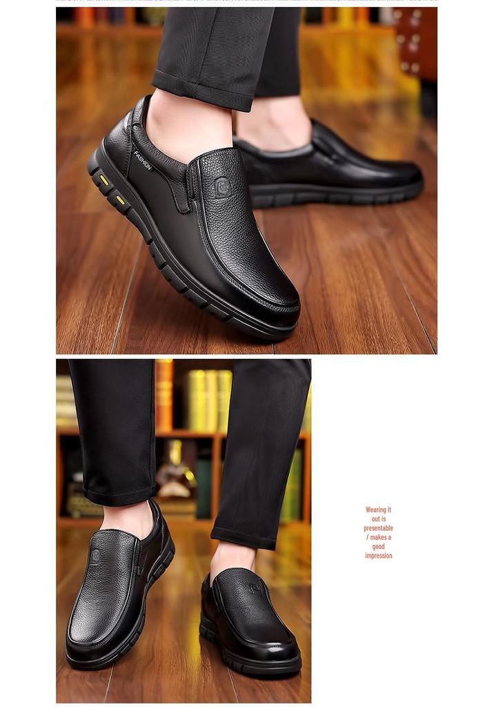 Men's Genuine Leather Slip-On Business Casual Shoes - Soft Sole for Middle-Aged & Elderly, New Spring & Autumn Cowhide Dad Style.