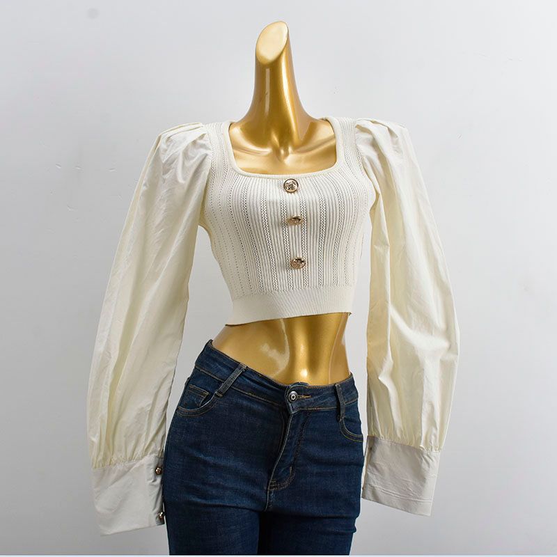 Withdraw from Cupboard Classic Style Square Collar Short Silm High Waist Long Sleeves Knitting Clothing Patchwork Pure Color Pullover Stylish Women
