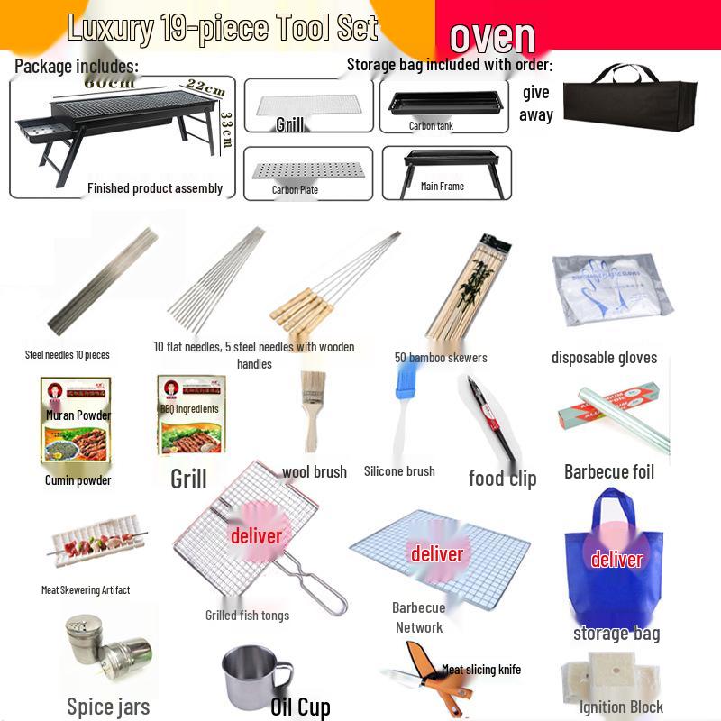Portable Folding Charcoal Barbecue Grill with Skewers for Outdoor Cooking