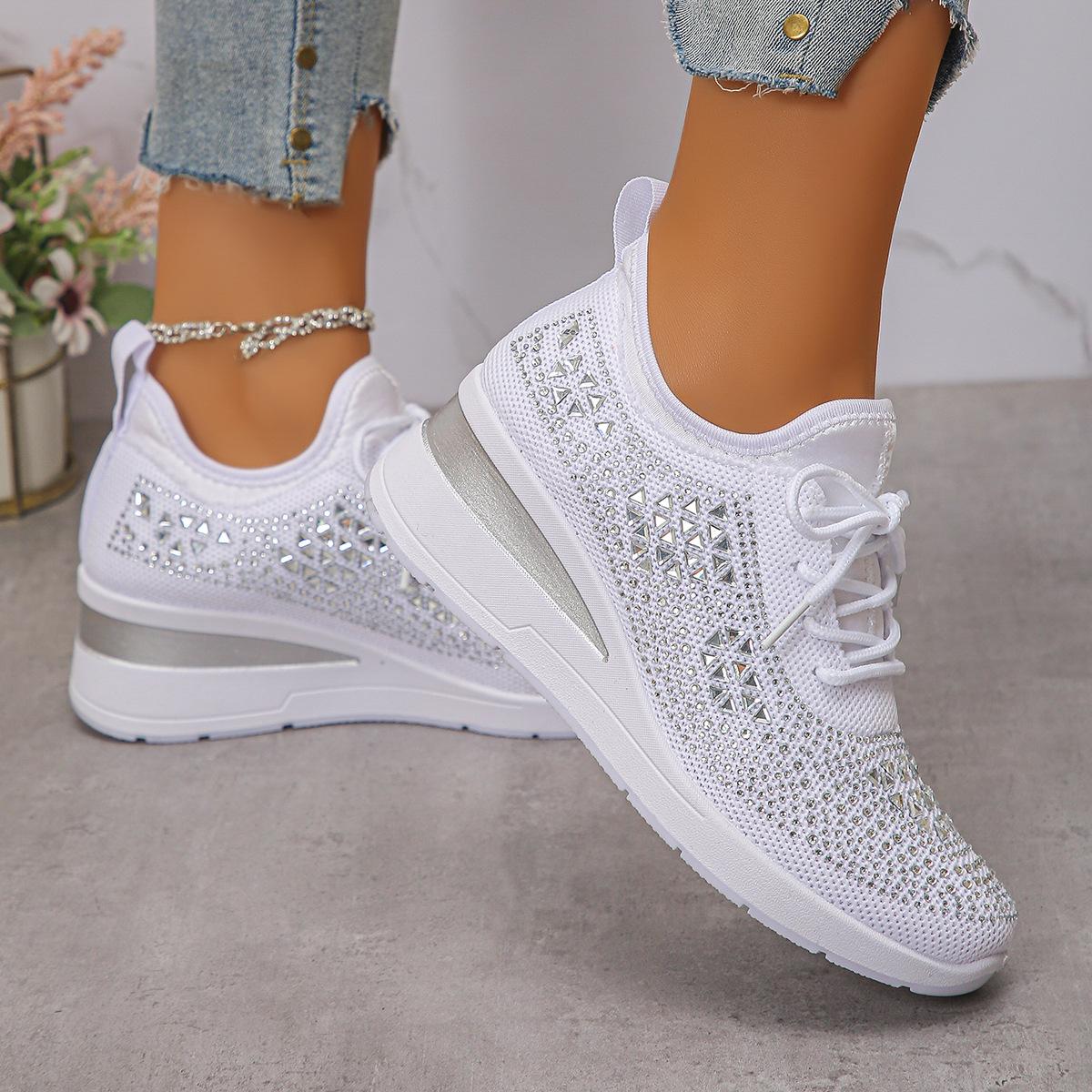 

Summer new mesh breathable fly-woven shoes women s large size rhinestone lace-up sports and leisure shoes 36 белый