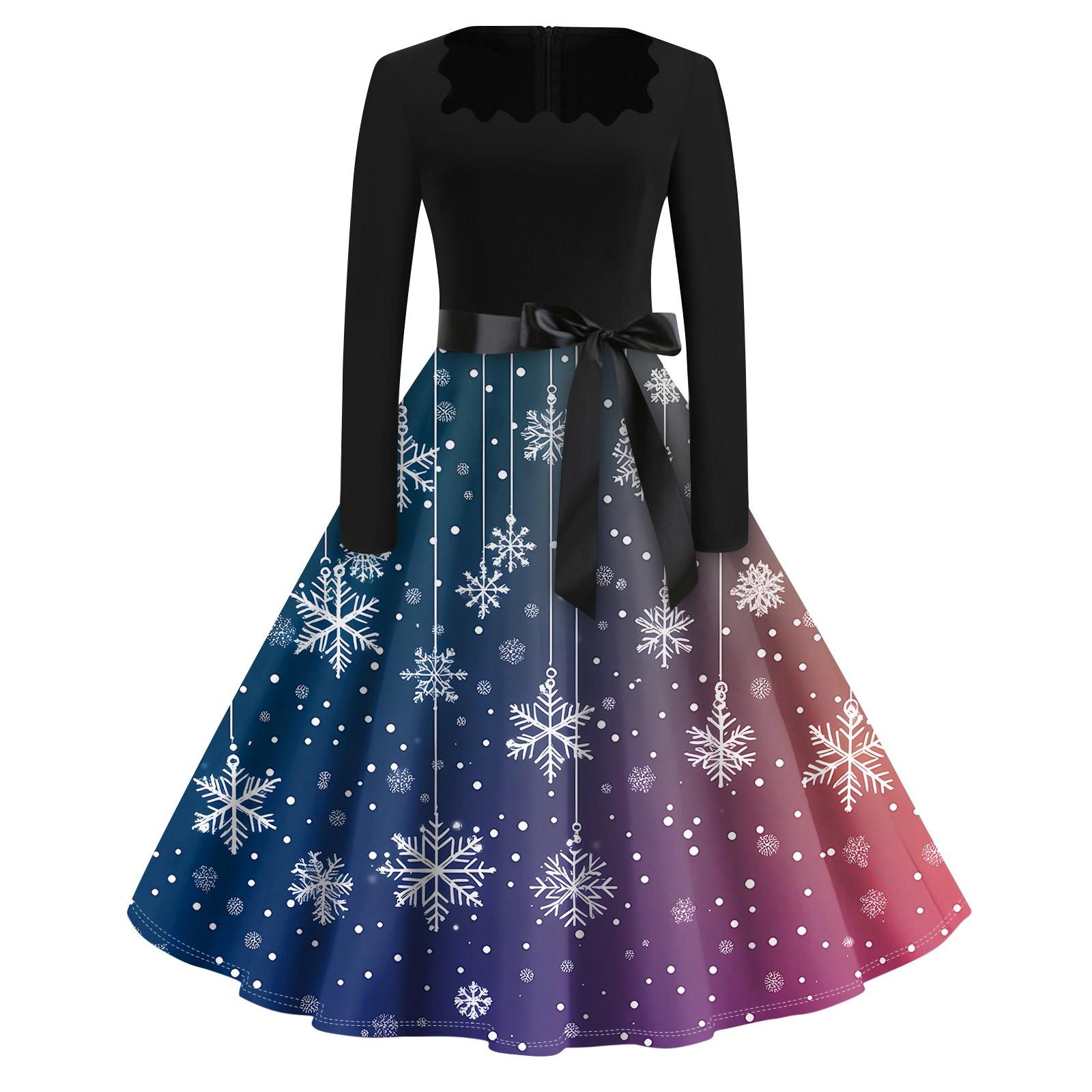 Рождественский принт расклешенное платье для женщин платье с длинным рукавом ажурное — фото 9