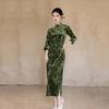 Green golden velvet new Chinese long-sleeved autumn cheongsam seven-quarter-sleeved improved young women's high-end sense spring and autumn