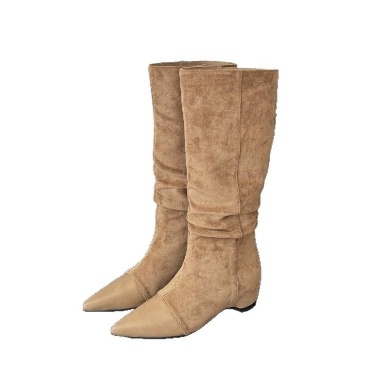 Liten man inre höjdökning men knähöga stövlar staplade stövlar damstövlar tidig höst retro mocka khaki stövlar westernstövlar