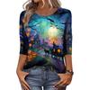 Women Halloween Pumpkin Print 3/4 Sleeve Shirt Round Neck Loose Fit Casual T-Shirt Top for Fall Seasonal Wear