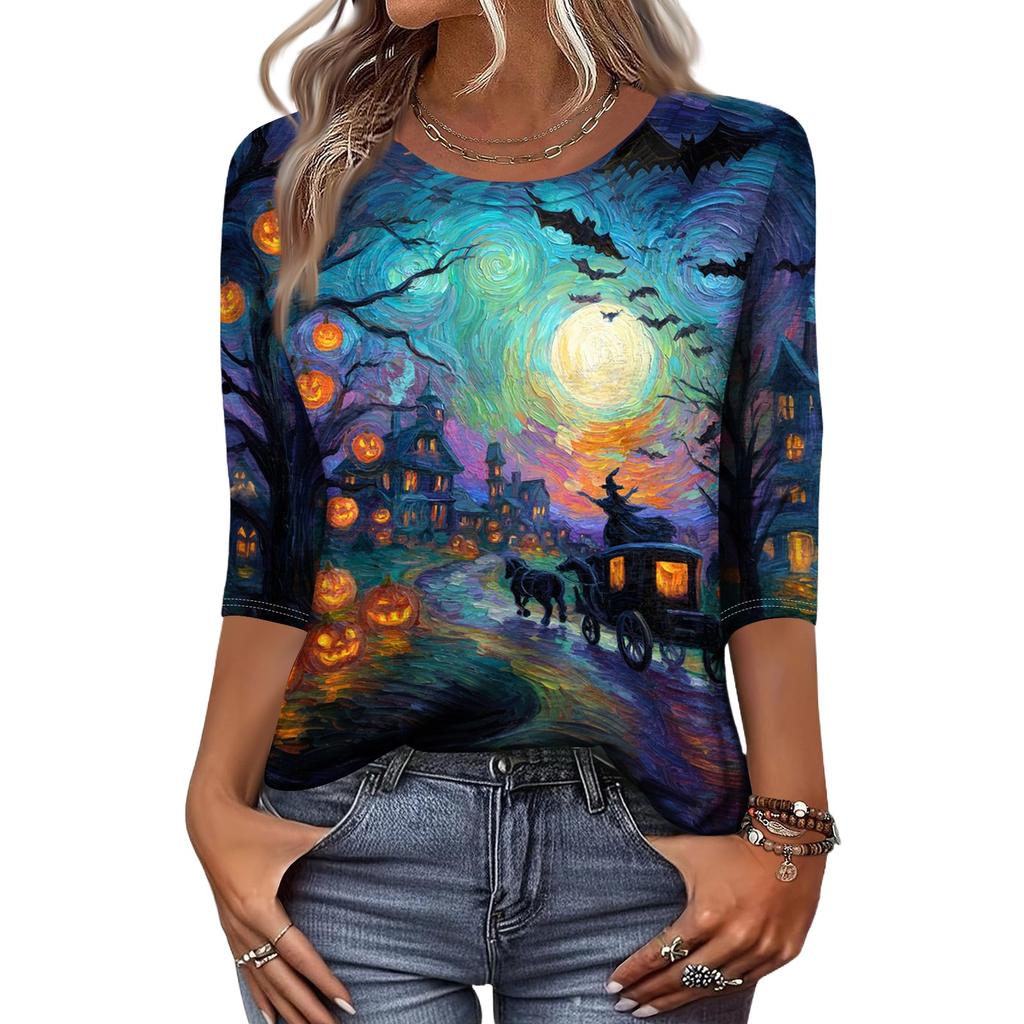Women Halloween Pumpkin Print 3/4 Sleeve Shirt Round Neck Loose Fit Casual T-Shirt Top for Fall Seasonal Wear