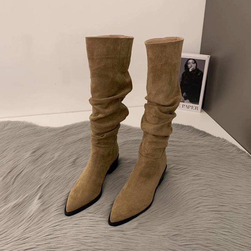 High Heel Pointed Skinny Suede Western Cowboy Boots Women's Boots New Autumn and Winter Pile Long Knight Boots
