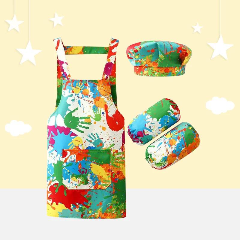 Cartoon  Kids Apron 3 Piece Set, Boys and Girls Painting Waterproof Apron, with Hat Sleeve Cover Shirt Apron Kitchen Accessories