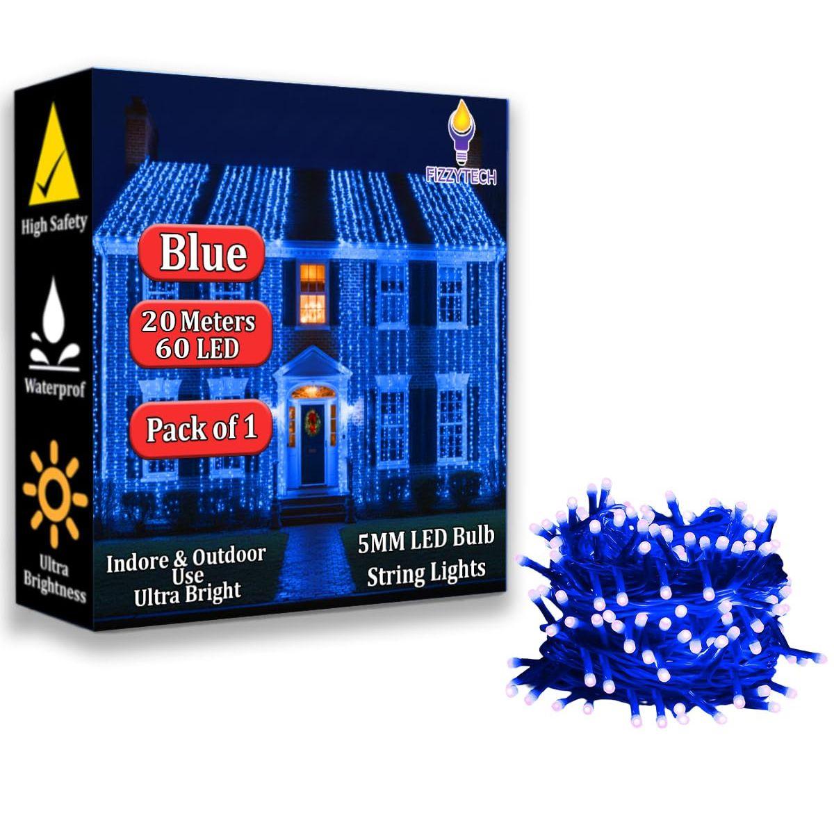 

20 метров Декоративная гирлянда | Светодиодная гирлянда для Дивали, Рождества, свадеб и украшения дома | Поликарбонат, (60 светодиодов синего цвета 5 мм, упаковка 1 шт.)