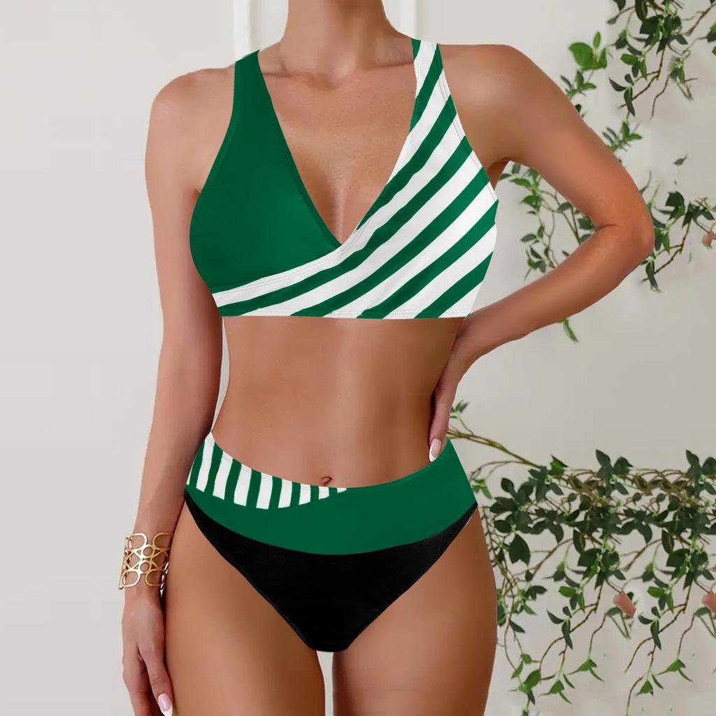 Women's Halter Half Edge Stripe Print Bikini Tankini Swimsuit