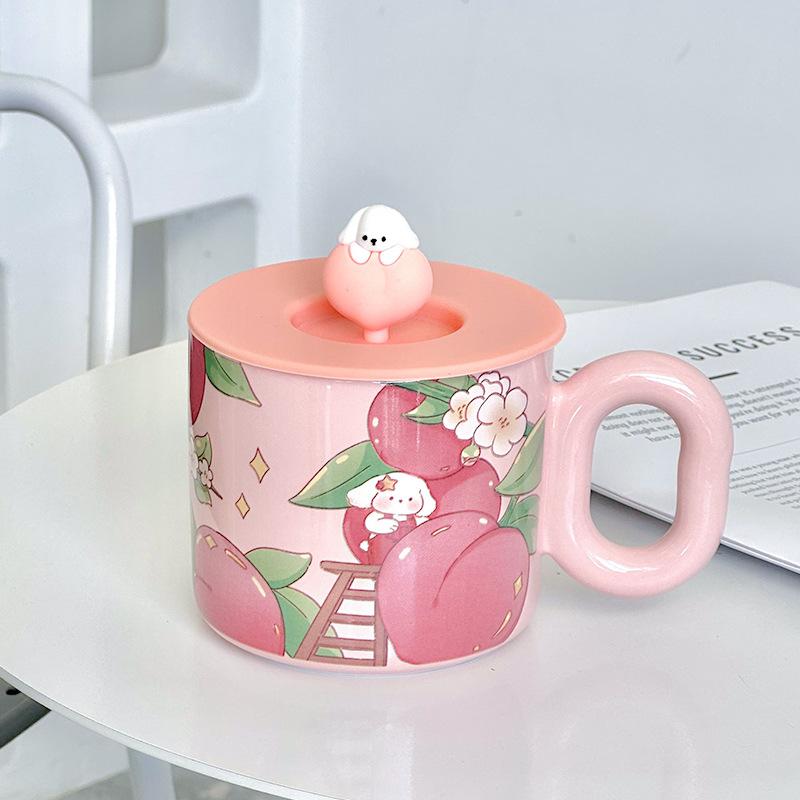 High-Value Cartoon Ceramic Cup With Lid Household Cute Couple Coffee Cup Creative Souvenir