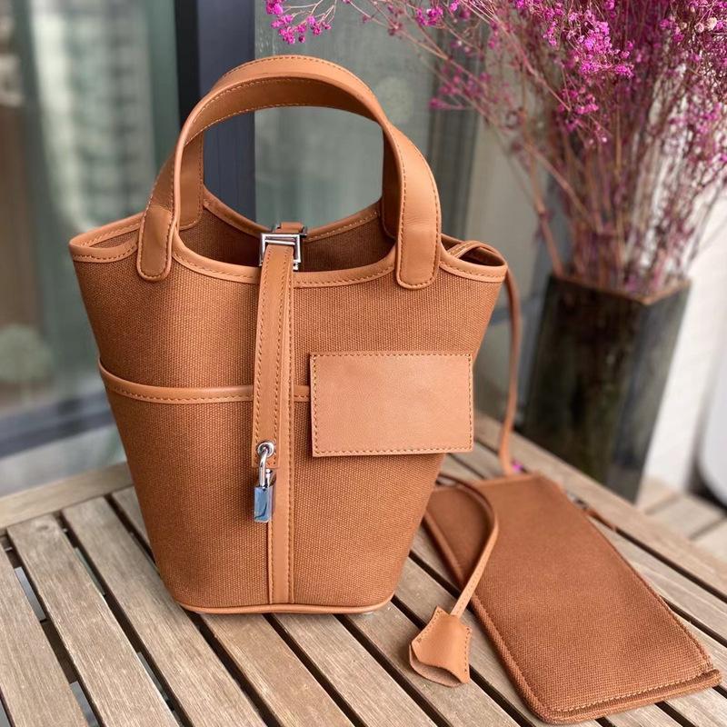 Foreign trade new vegetable basket bag swift cowhide with canvas splicing bucket bag fashionable casual hand bag