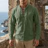 Men's Cotton-Linen Drawstring Collar Long-Sleeve Top Men's Casual Stylish Long-Sleeve Shirt