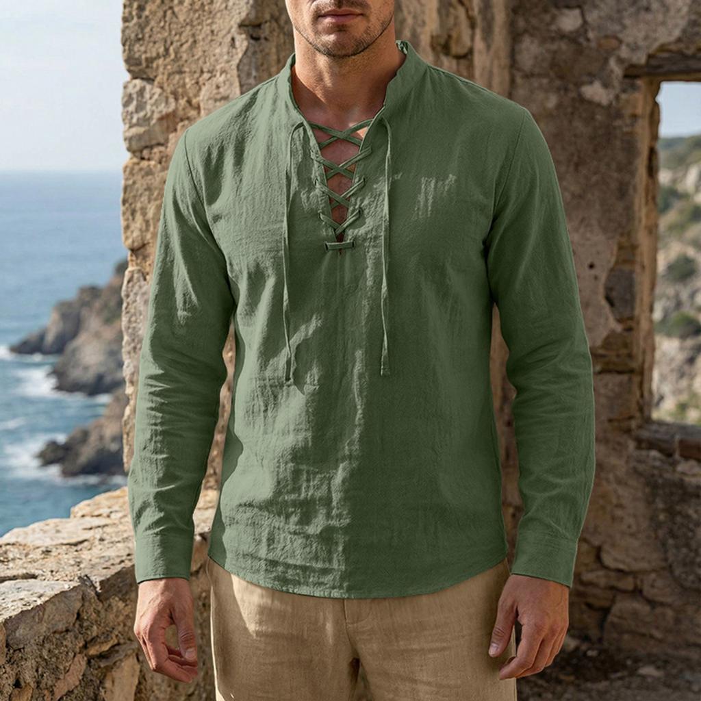 Men's Cotton-Linen Drawstring Collar Long-Sleeve Top Men's Casual Stylish Long-Sleeve Shirt