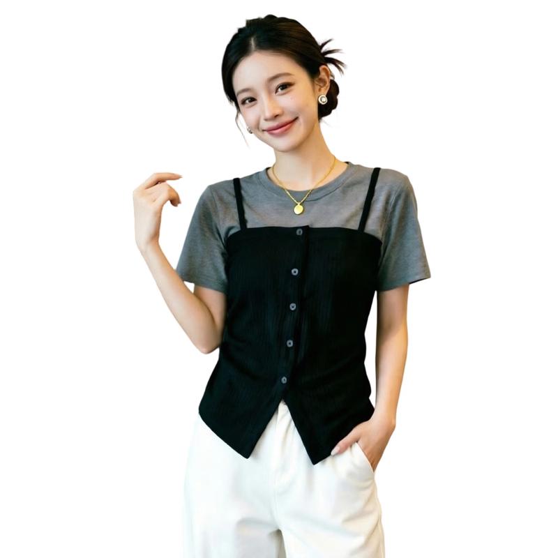 La Chapelle Women s Summer Faux Two-Piece Slim-Fit T-Shirt S