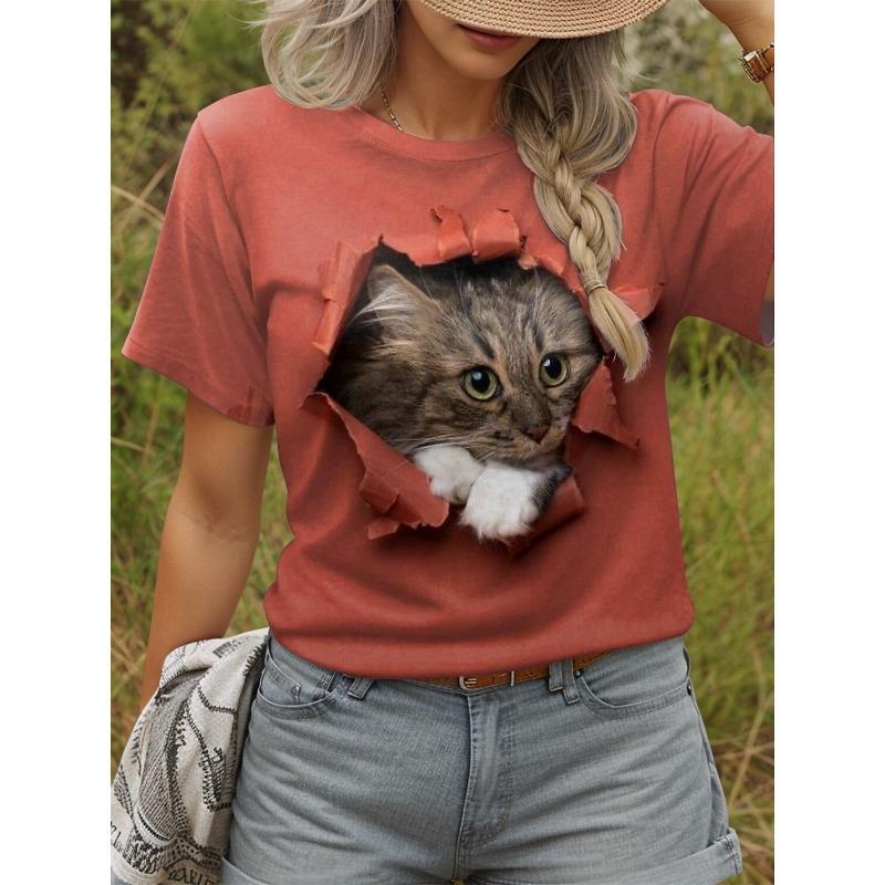 Summer Cute Kitten T-Shirts Kawaii Cat 3D Print Women's Round-Neck Short Sleeve T Shirt Harajuku Tees Y2k Tops Female Clothing