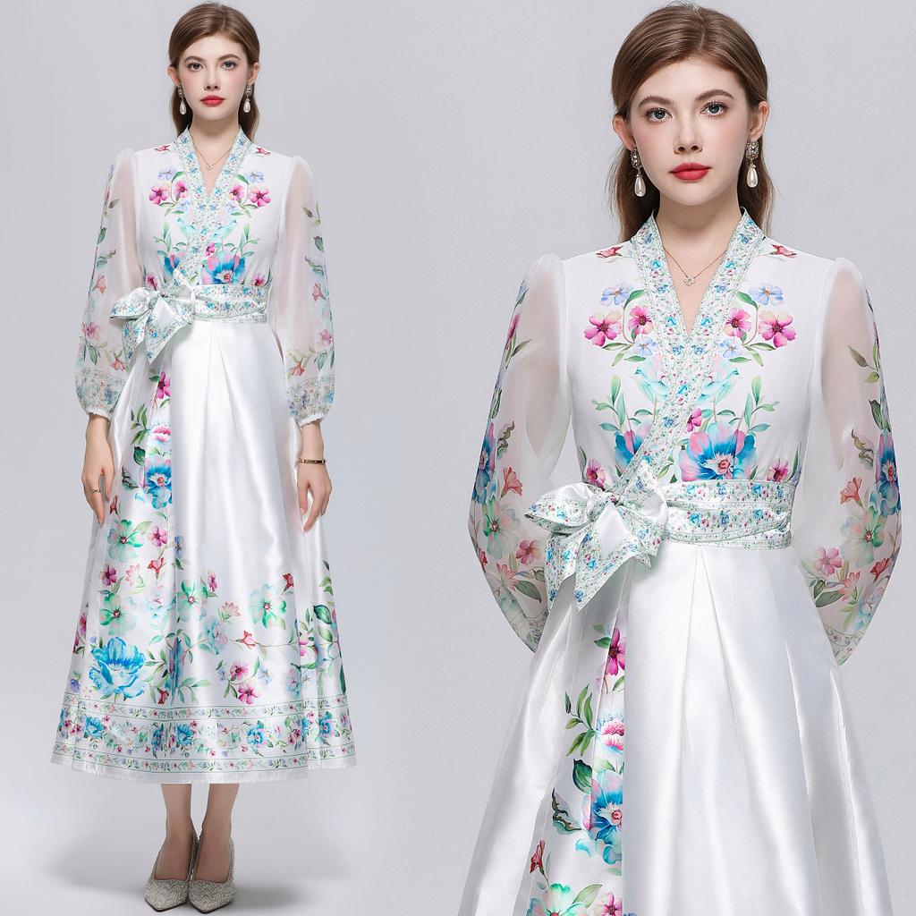 Wunderschönes Blumenwickel-Langarmkleid Damen V-Ausschnitt Laternenärmel Chiffon-Patchwork Dickes Satin-Band-Schnürgürtel Partykleid