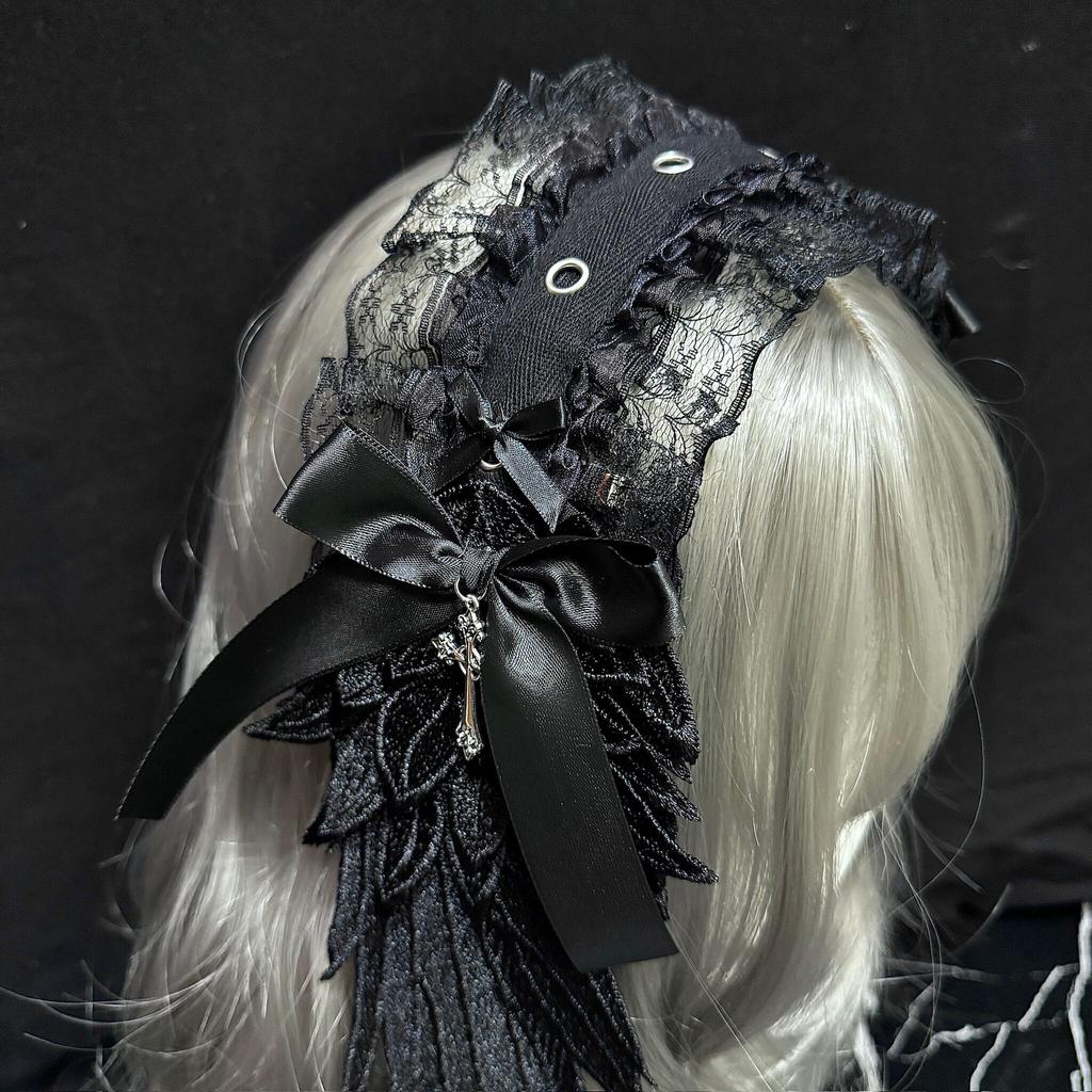 Harajuku Gothic Lolita Cosplay Headwear Sweet Lovely Girl Subculture Wing Angel Lace Flounce Fold Headband Hair Accessories