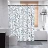 1 leaf shower curtain with overlapping blue and grey leaves on white background, soft watercolor texture and design, with hook.