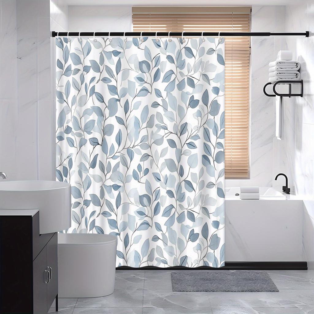 1 leaf shower curtain with overlapping blue and grey leaves on white background, soft watercolor texture and design, with hook.