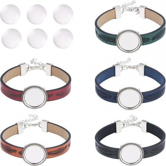 14 Pcs PU Leather Cord Bracelet Bezel Tray Blank Tray Bracelet Band Settings 26.5 mm Adjustable Round Tray Bracelet Kits with Glass Cabochons for DIY