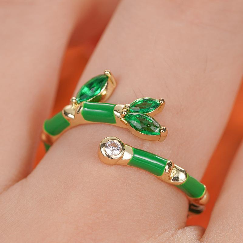 Creative Gaosheng jewelry, small fresh pastoral style dripping oil bamboo joint opening ring Xiaohongshu hot sale