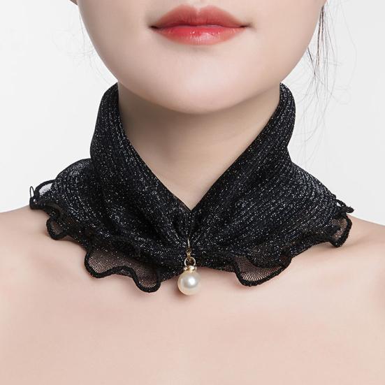 Faux Silk Scarf Lightweight Mesh Soft Shiny Touch Edge-covered Design Scarf with Faux Pearl Decor Neck Decoration