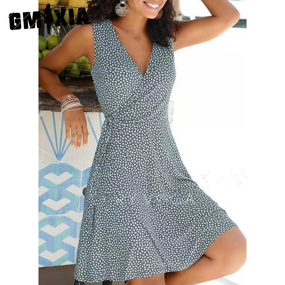 

GMXIA Платье в горошек Женское Бандажное Пляжное Платье Без Рукавов Летние Платья в стиле Бохо для Женщин Повседневные Платья С V-образным Вырезом Женский Халат XXL серый