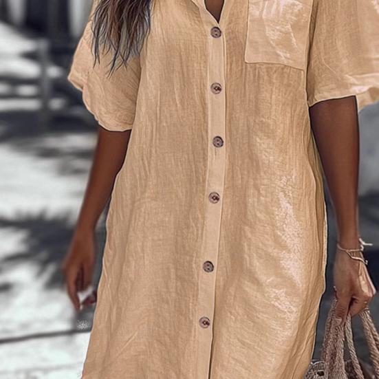 Women Shirt Lapel Short Sleeve Casual Commuter Style Shirt Solid Color Loose