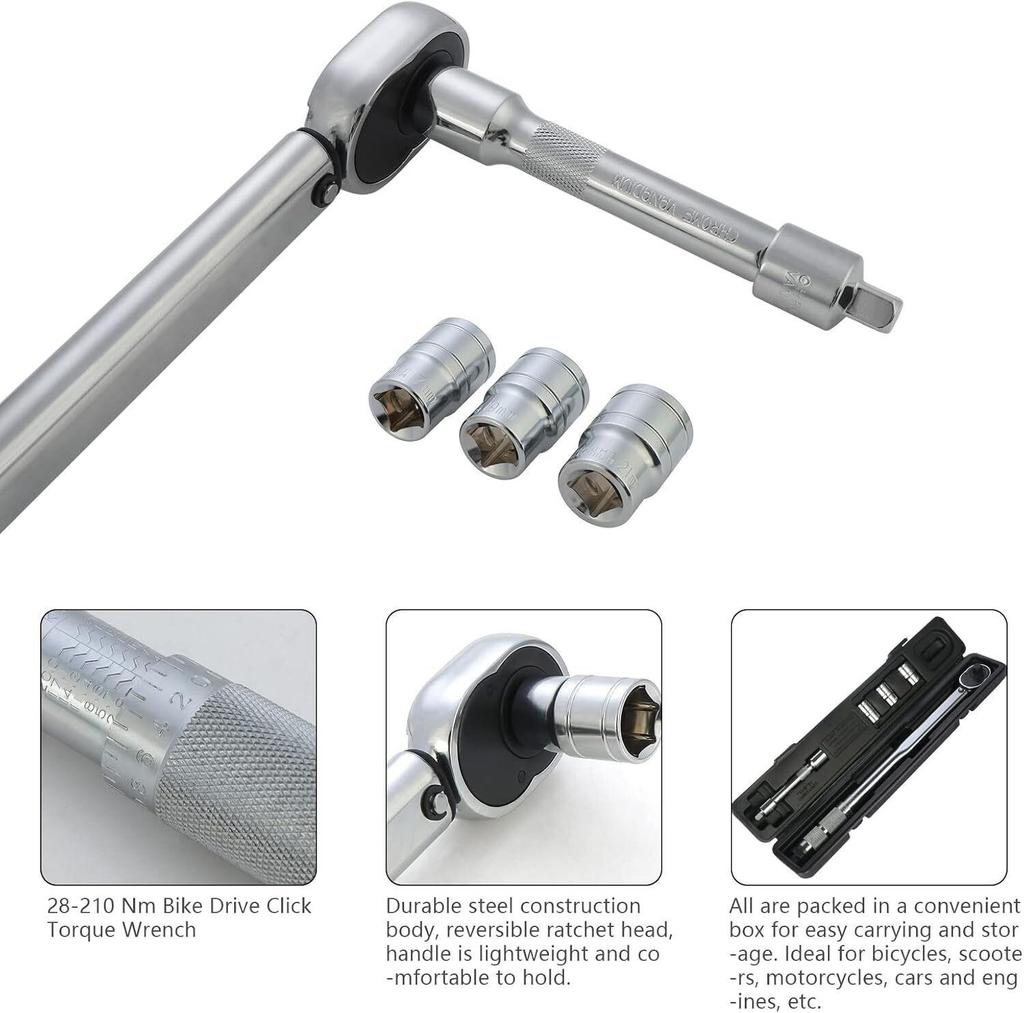 1/2 Inch Ratcheting Torque Wrench 28-210Nm With 17 19 21mm Drive Socket