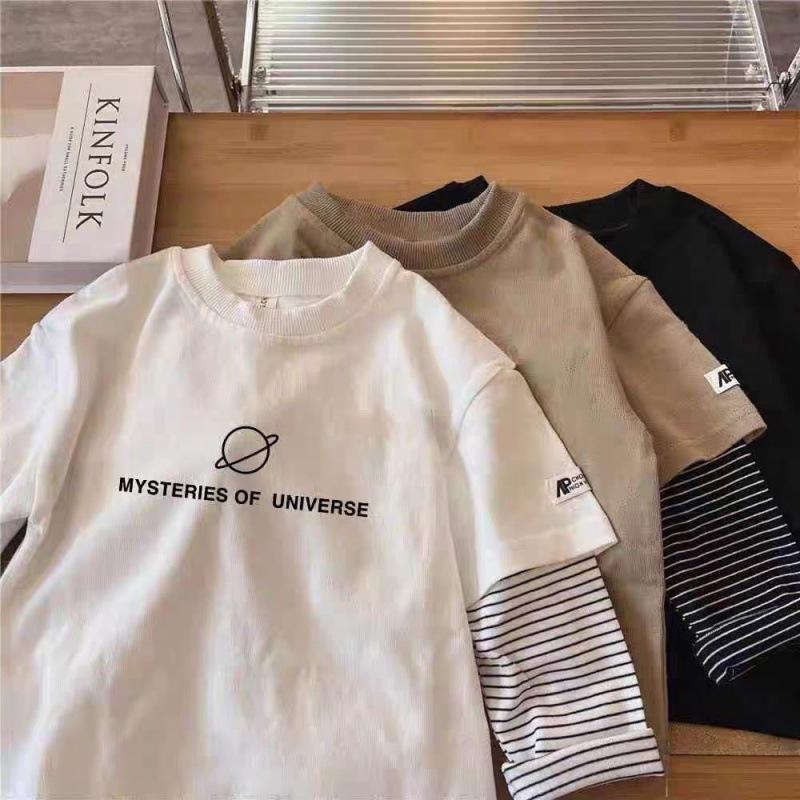 Boys Cotton Long Sleeve T Shirt Fake Two Piece Round Neck Thin Base Layer Top For Spring Autumn Baby Toddler Outerwear