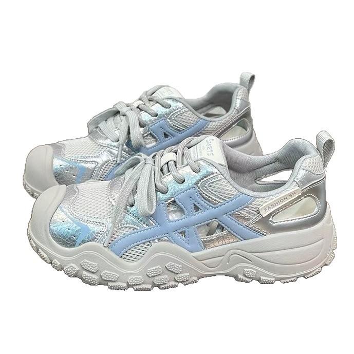 Leather mesh ugly cute dad shoes girl 2025 summer new thick-soled hollow thin breathable casual sports shoes tide