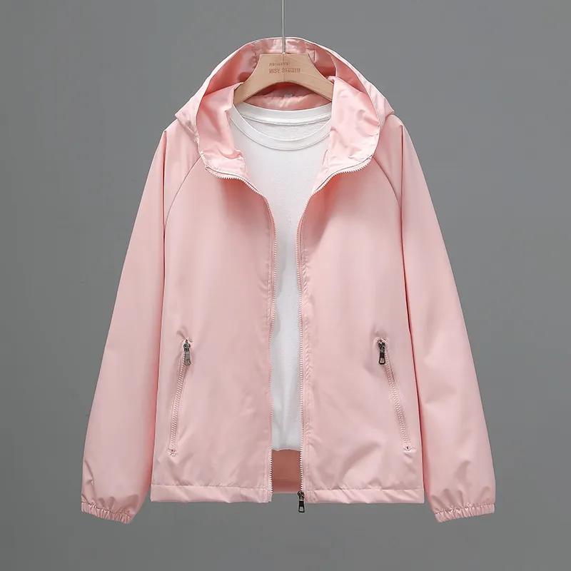 Women's Spring and Summer Solid Color Hooded Zipper Jacket Loose Casual Windbreaker Jacket
