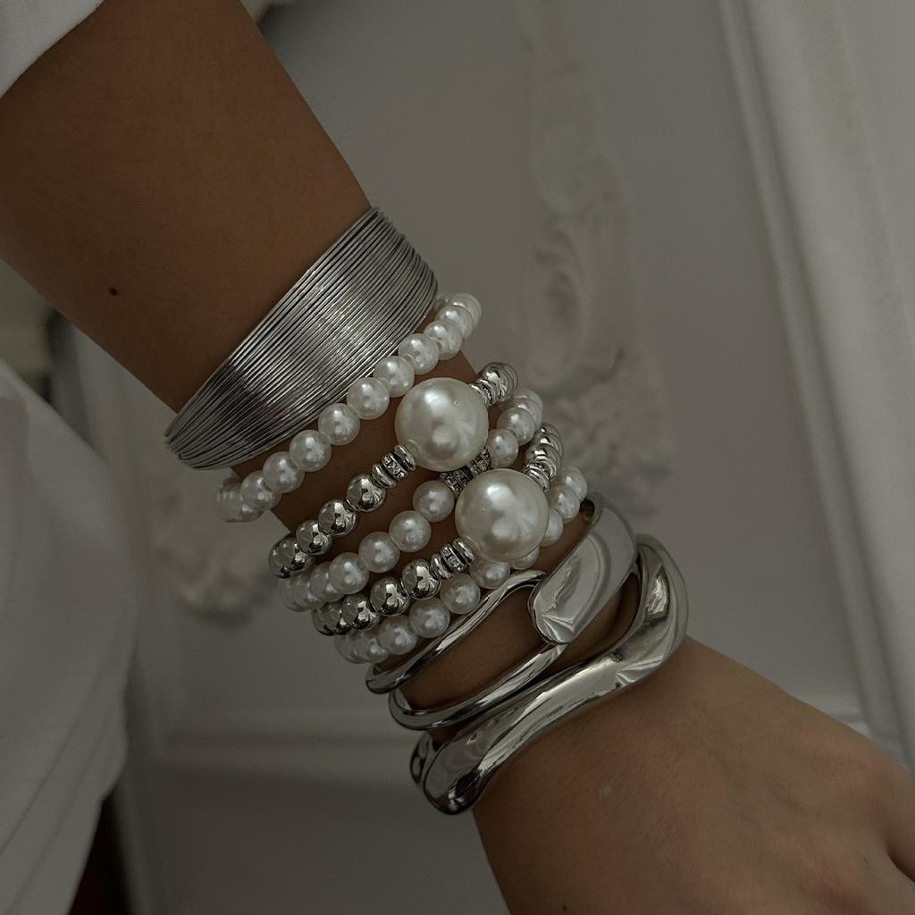 Vintage Pearl Wide Cuff Bangles Men Hip Hop Punk Silver Color Geometric Spring Bangles For Women Bracelet Jewelry
