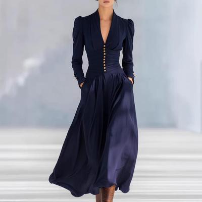 Elegant V-Neck Puff Sleeve Women's Dress with Waist-Cinching Fit and Flowing Hem