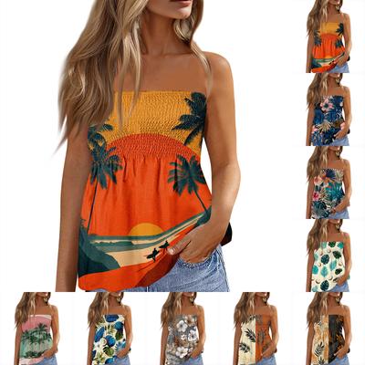 Women's Summer Fashion Strapless Top, Cute and Sexy Off-Shoulder Hawaiian Print Sleeveless T-Shirt